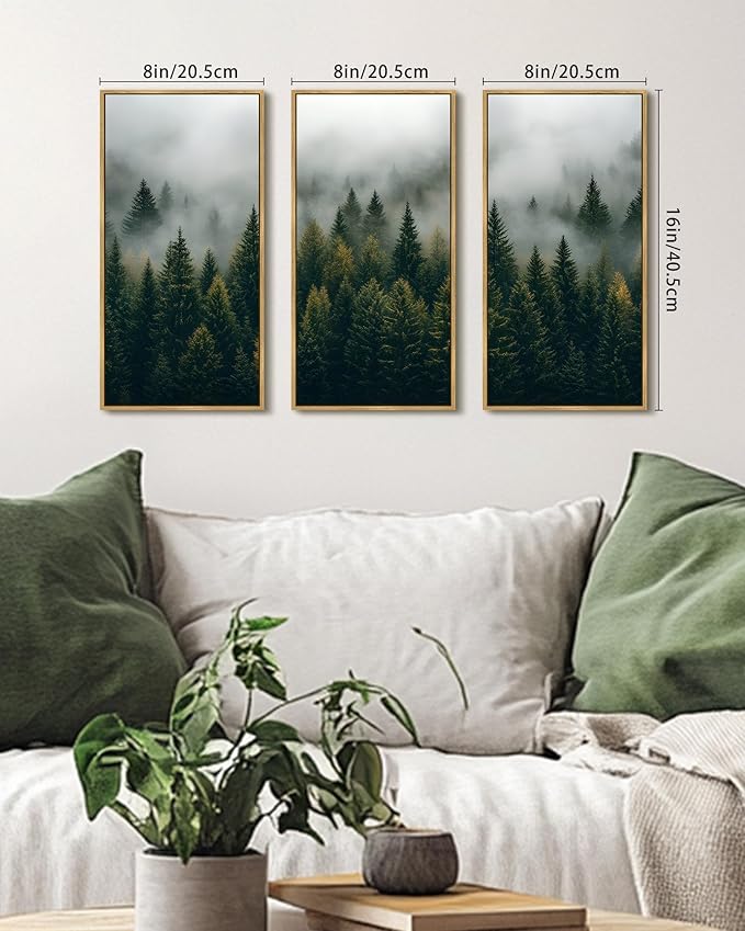 KUVIOKE Nordic Forest Wall Art Framed Misty Pine Tree Modern Prints Ready To Hang for Bedroom 8x16in3pcs Natural Framed