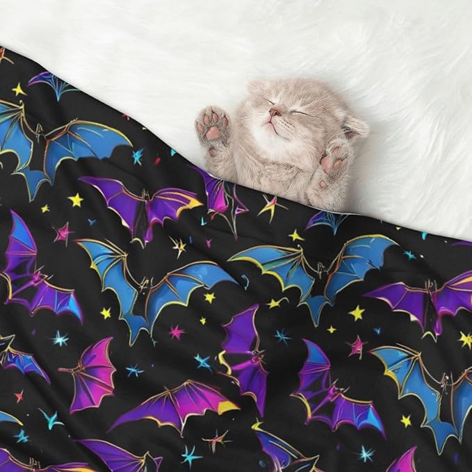 Two Sided Plush Pet Blanket for Warmth Comfort, Halloween Cool Bats, Reversible Throw with Cozy Nubby Side for Chilly Nights Napping Spots Around House
