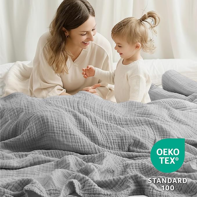 100% Cotton Muslin Blanket Queen 90" x 90", Breathable and Lightweight Cotton Throw Blanket for Bed, Soft Cooling Summer Gauze Blanket for Adults All Season, Light Grey