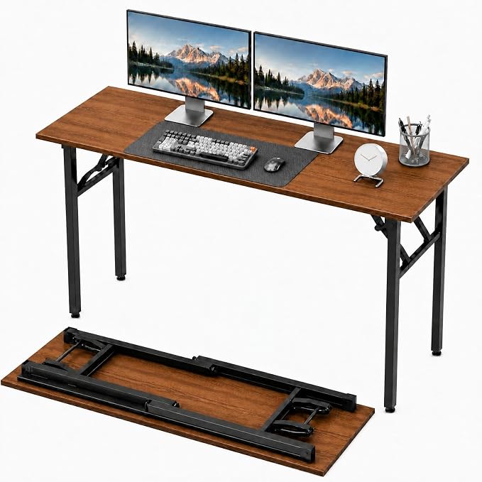 Folding Table Computer Desk - 55.1" No Assembly Folding Desk Design and Foldable Office Desk, Small Desk for Bedroom, Compact Storage Portable Use for Dorm and RV Small Space, Dark Walnut