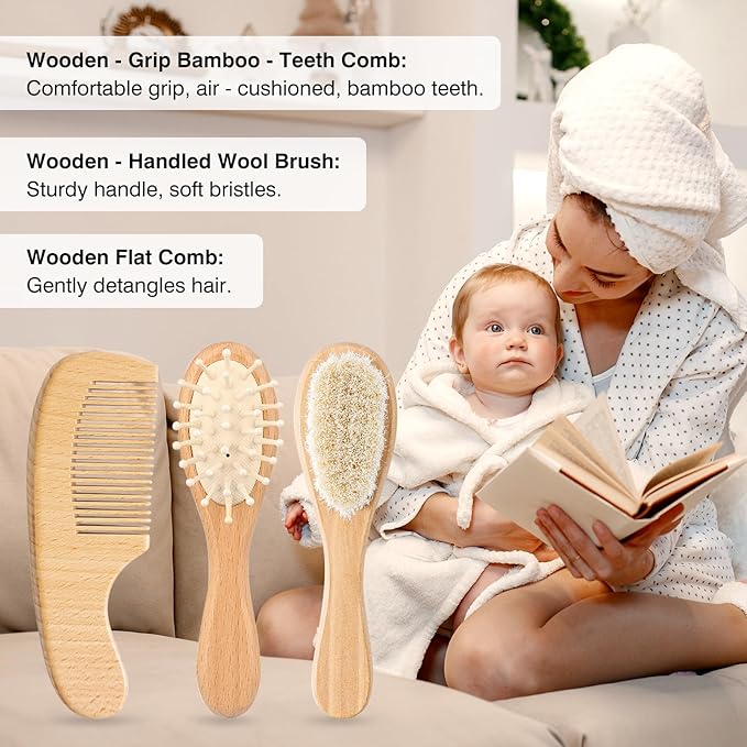 Wooden Baby Brush and Comb Set 3-Piece Beech Wood Flat Comb, Basswood Brushes with Soft Wool Bristles & Bamboo-Air Cushion Comb - Gentle Ideal Baby Gift