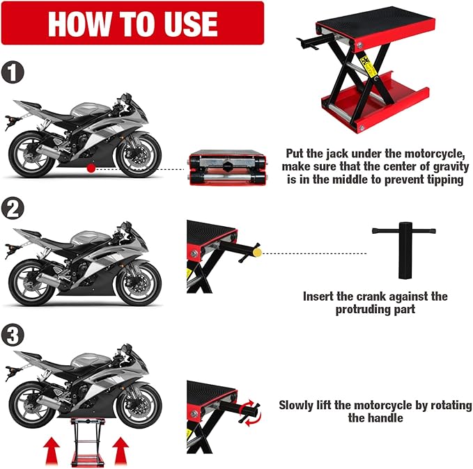Torin ATRM01101B Portable Steel Motorcycle Lift Scissor Jack: Wide Deck Hoist Stand for ATV, UTV Snowmobile Maintenance, Capacity 1100lb