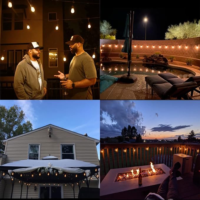 𝟒𝟖𝑭𝑻 LED Outdoor String Lights with 𝟮𝟰 Weatherproof Shatterproof Edison 𝑳𝑬𝑫 𝑩𝒖𝒍𝒃𝒔(2 𝑺𝒑𝒂𝒓𝒆)，Commercial Grade Waterproof Hanging Lights for Backyard Porch Balcony Party
