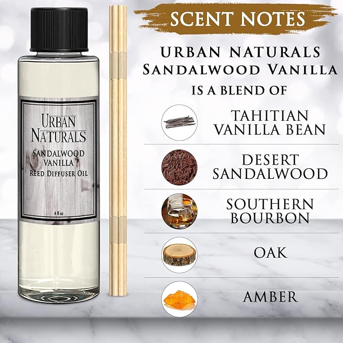 Urban Naturals Sandalwood & Vanilla Reed Diffuser Refill Set | Includes a Free Set of Reed Sticks! 4 oz | Great Gift Idea Home Fragrance Lovers!