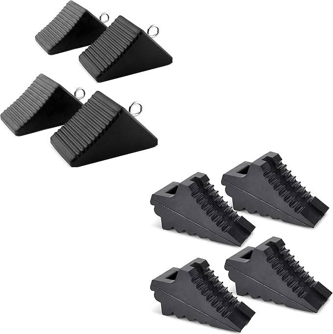 AFA Tooling - Set of 8 Wheel Chocks | Heavy Duty Rubber Wedge for Front and Back Tires | 4 Eyebolt, 4 Ergonomic Carry Handles | Chock Block for Your Camper, Trailer, RV, Truck, Car or ATV