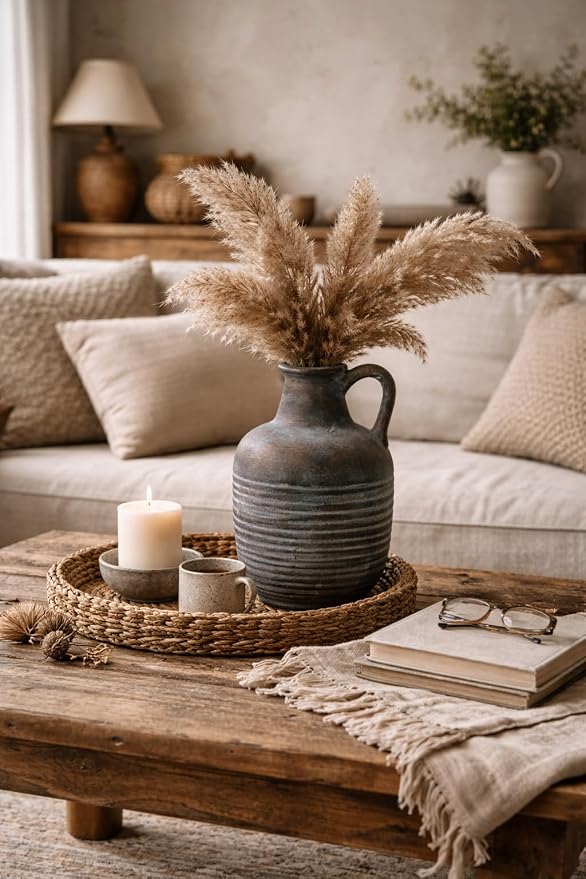 SIDUCAL Rustic Ceramic Farmhouse Flower Vase with 1 Handle-Height 8.43" Terracotta Vase, Unique Textured Pottery Flower Vases for Home Decor, Table, Wedding, Living Room, Shelf Decor, Bronze Black