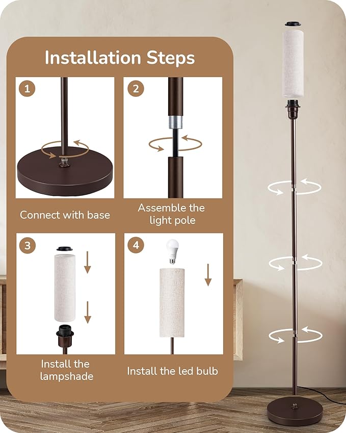 EDISHINE LED Floor Lamp for Living Room, 63.7in Modern Standing Lamp with 9W LED Bulb, 3 Color Temperature, Minimalist Floor Lamp for Bedroom, Office, Nursery, Foot Pedal Switch, Brown