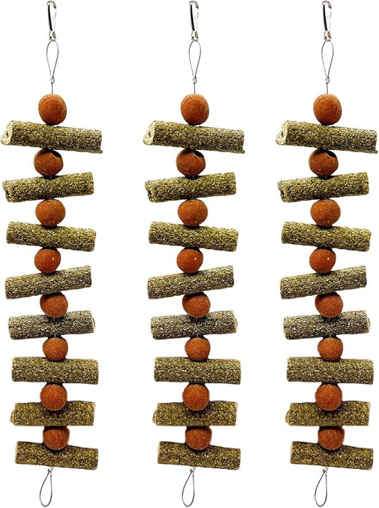 3Pcs Bunny Chew Toys for Teeth Bunny Hanging Grinding Cake Natural Sweet Bamboo Sticks Timothy Hay&Carrot Cake for Rabbit Guinea Pig Chinchilla Gerbil Improve Dental Health