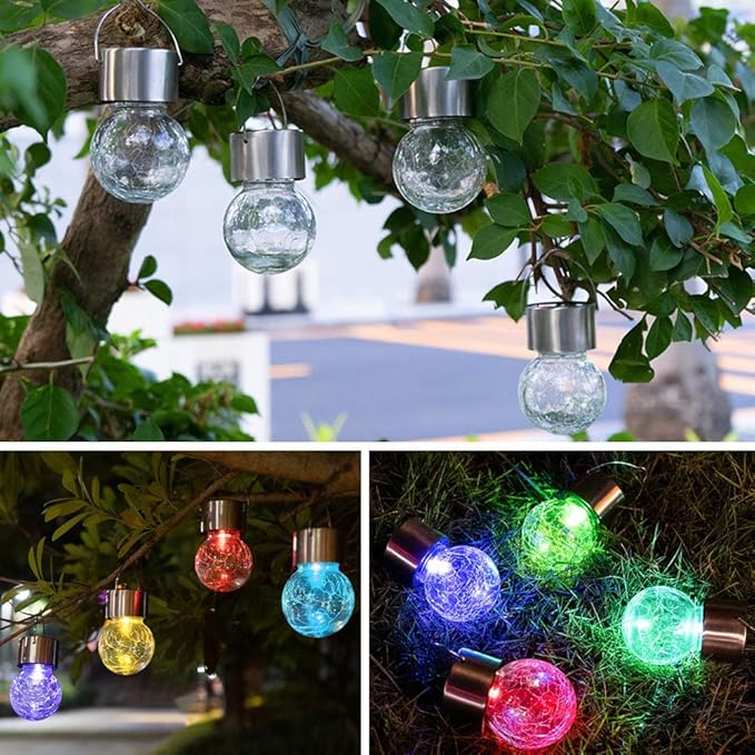Hanging Solar Powered LED Light with 7 Color Auto-Changing, Cracked Glass Ball Light, Waterproof Outdoor Christmas Decorative Lantern for Garden, Yard, Patio, Lawn (Colorful, 1)