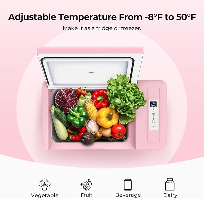 BougeRV Pink 23Quart Portable Refrigerator, 12 Volt Fridge 22L, Portable Freezer Compressor Cooler 12/24V DC 110~240 Volt AC for Truck Van RV Camper -8℉~50℉