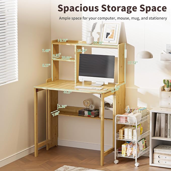 Folding Desk for Small Spaces, Bamboo Foldable Desk with Bookshelf, Natural | Small Computer Desk with Storage, Mid Century, Fold Out，Compact Size, for Bedroom, Living Room, Apartment, Home Office