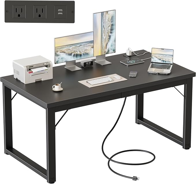 Mericonia 48 Inch Computer Desk with Power Outlets, 1.2" Thick Office Table | Modern Simple Style, Heavy Duty Industrial Frame, Small Study & Writing Table for Home Bedroom Work, Black