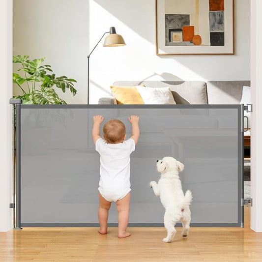 42" Extra Tall Retractable Baby Gates for Stairs, 76" Wide Dog Gate Indoor Outdoor for Doorways Deck Kitchen, Long Mesh Safety Gate for Child Toddler, Prevent Pet from Jumping Over, Grey