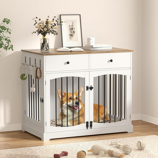 40" Dog Crate Furniture, Wooden Dog Kennel Furniture with Storage Drawers, End Table Dog House Indoor, Decorative Dog Crates for Small Medium Large Dog, White