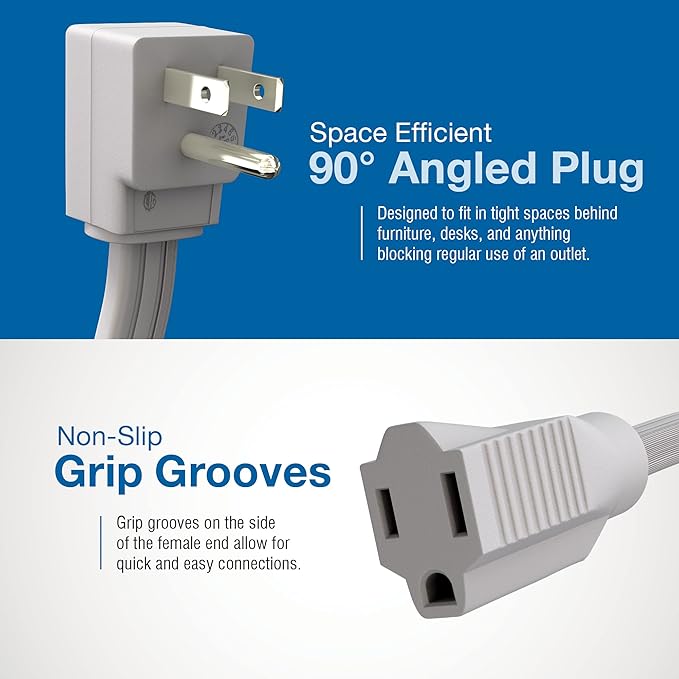 Appliance Extension Cord - 15ft Heavy Duty Gray Extension Wire for Air Conditioner, Refrigerator, & All Major Appliances - 14 Gauge High Voltage 3 Prong Flat-End Appliance Cord, for Indoor use