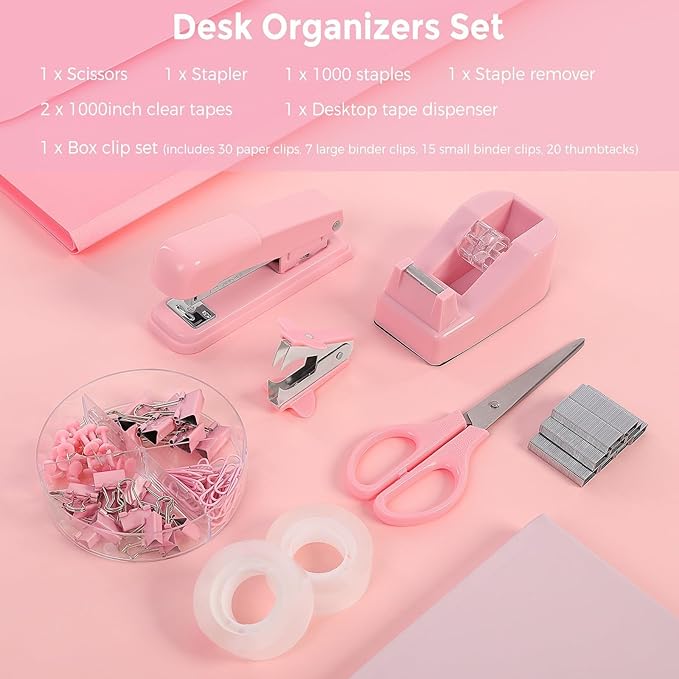 SKYDUE Pink Office Desk Accessories, Pink Office Supplies, Stapler, Tape Dispenser, Scissors, Clips and 1000pcs Staples,Office Supplies for Desk for Women