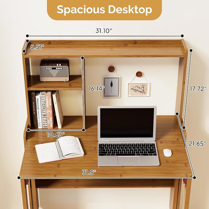 Folding Desk with Bookshelf, Compact Foldable Desk for Small Spaces,Brown | Bamboo Computer Desk with Storage Shelf, Space-Saving Home Office Desk with Hutch for Bedroom, Dorm, Apartment