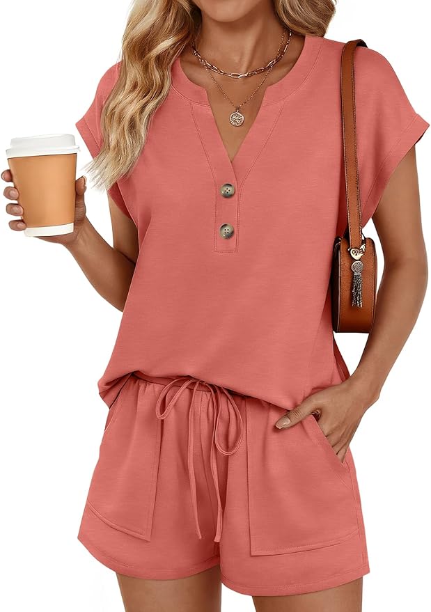 LILLUSORY 2 Piece Summer Set 2026 Henley Top & Drawstring Shorts with Pockets