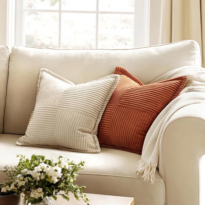 MIULEE Fall Dark Rust Decorative Euro Sham Throw Pillow Covers for Couch Bed Livingroom 24x24 Inch Set of 2 Boho Accent Throw Pllows Broadside Striped Patchwork Soft Corduroy Pillowcases, Terracotta