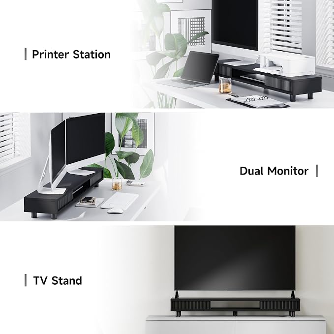 Fenge Dual Monitor Stand, 42.5inch Long Monitor Stands Riser for 2 Monitors, Glass Sliding Door with Storage Organizer Stand for Desk, 2 Tier Desk Shelf for Laptop, Pc, Printer, Computer, TV