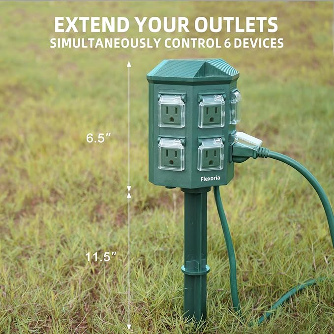 Outdoor Power Strip Timer Waterproof, Dusk to Dawn Light Sensor Countdown, 25 Feet Extension Cord, 6 Grounded Outlets for Graden and Yard Decorations, ETL Listed