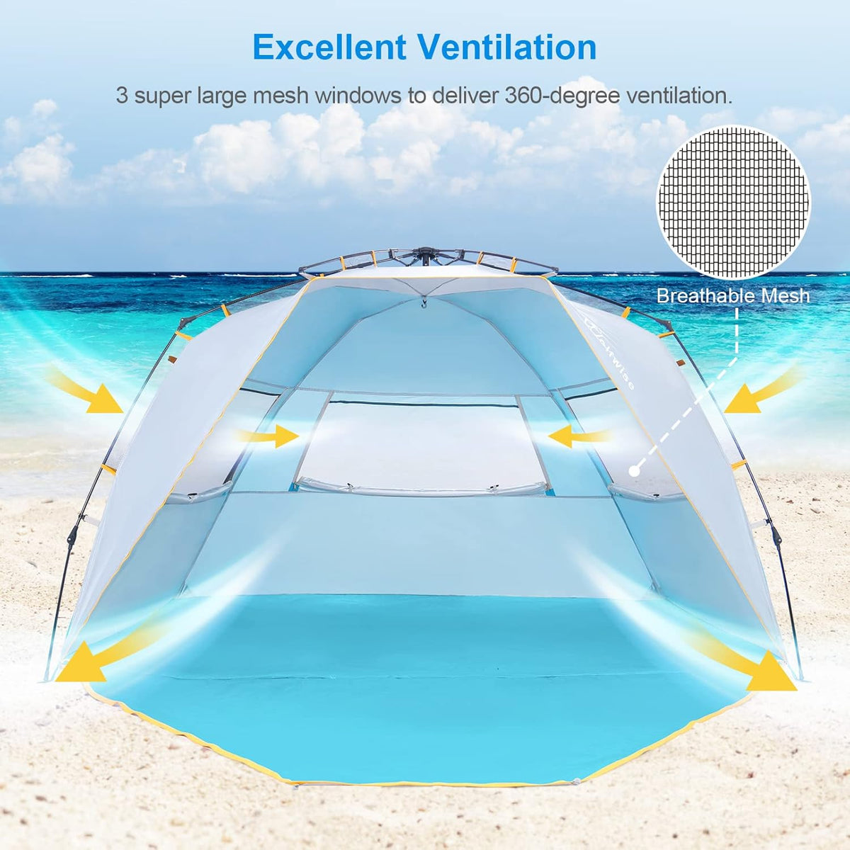 WolfWise Beach Tent for 4-5 People - UPF 50+ Sun Protection, Portable & Windproof, Large Blue Canopy