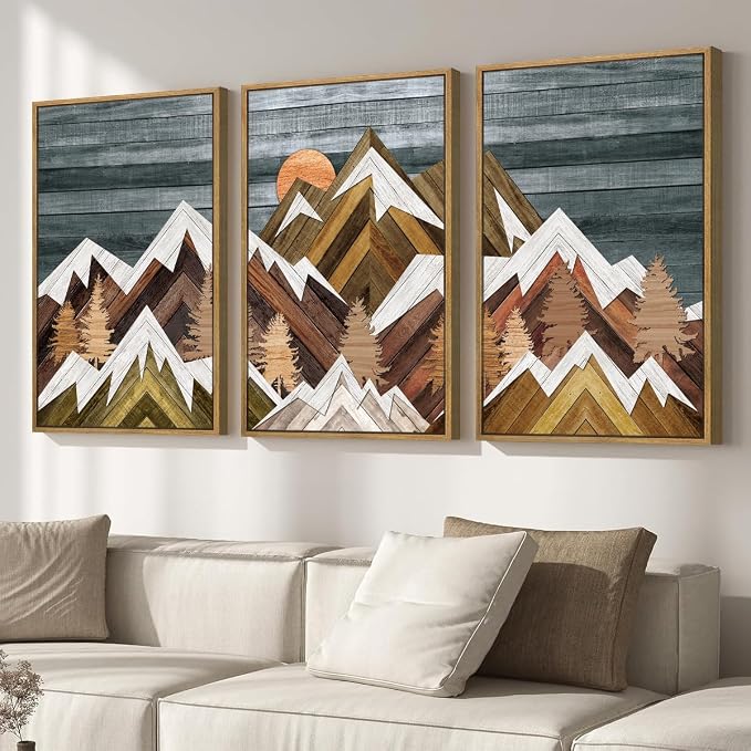 BINCUE Rustic Mountain Canvas Wall Picture Framed Wall Art for Office Living Room Bedroom 16x24 Inches Set of 3