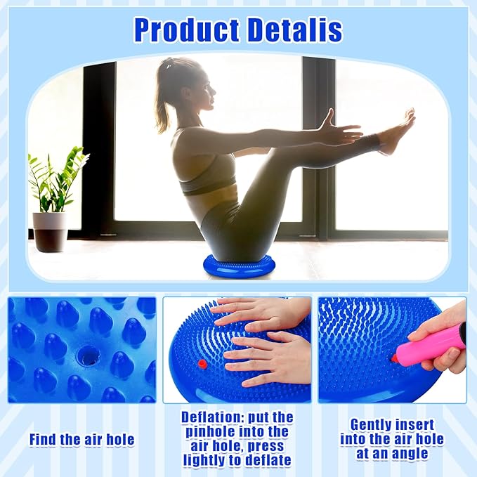 2 Pcs Wiggle Seat Inflated Wobble Cushion Flexible Balance Disc with Air Pump for Core Stability Strengthening Improving Posture Physical Exercise