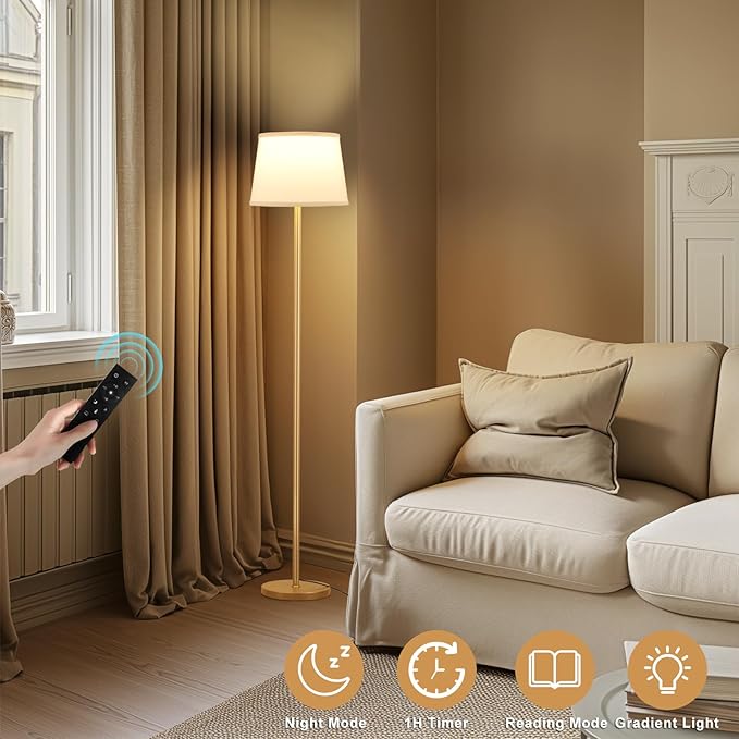 Floor Lamps for Living Room - Modern Gold Floor Lamp with Remote Control, Dimmable Colors Temperature Standing Lamp with LED Bulbs, Tall Lamp for Bedroom Office Kid Room - Brass Gold