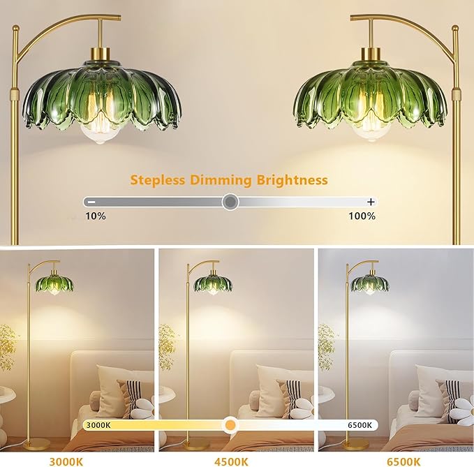 Arc Floor Lamps for Living Room Gold Floor Lamp with Remote Control,Dimmable Floor Lamp with Glass Lampshade,Vintage Mid Century Modern Standing Lamp Tall Flower Lamps for Bedroom Corner