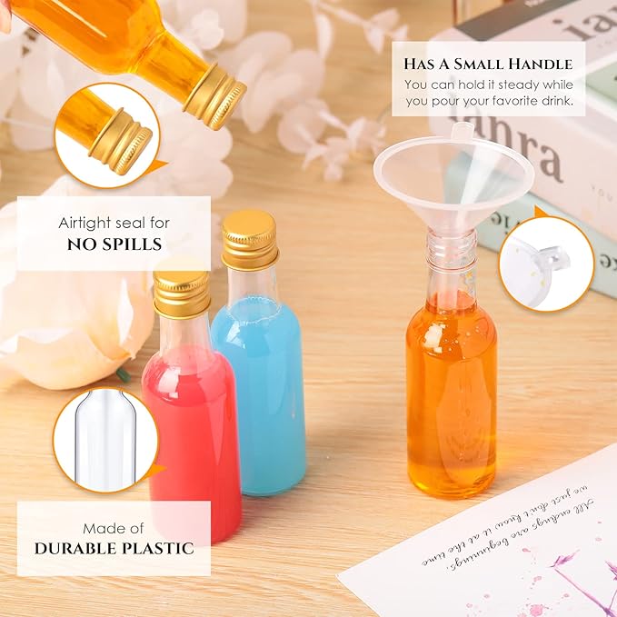 100 Pcs Mini Liquor Bottles Set, 1.7oz Plastic Shot Bottles with Caps, 6 Funnels, 100 Tags, and 65ft Ropes, Miniature Spirit Containers Bulk for Wedding Party Favors