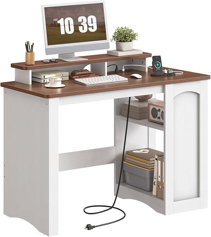 HOOBRO Farmhouse Computer Desk, Office Desk with Charging Station, Executive Desk with Monitor Stand & Adjustable Shelf, Small Desk for Small Space, Study, Living Room, White and Walnut WH85UDN01