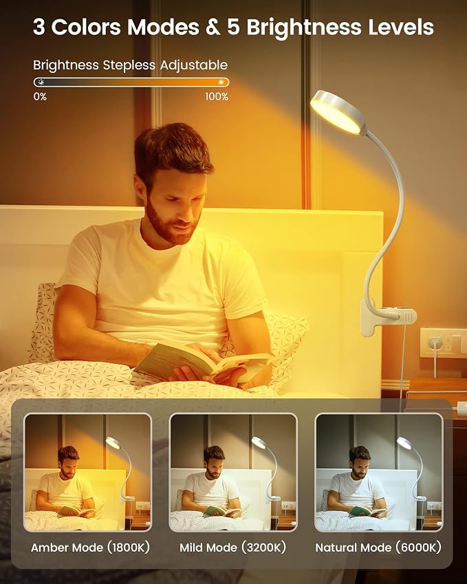 Glocusent 5W Desk Lamp with Remote, 3 Colors & 5 Brightness Reading Lights | Flexible Gooseneck Clip on Lamp, 30-Min Timer Reading Lamp, Perfect Clip on Light for Bunk,Bed,Headboard,Table,Work,Craft