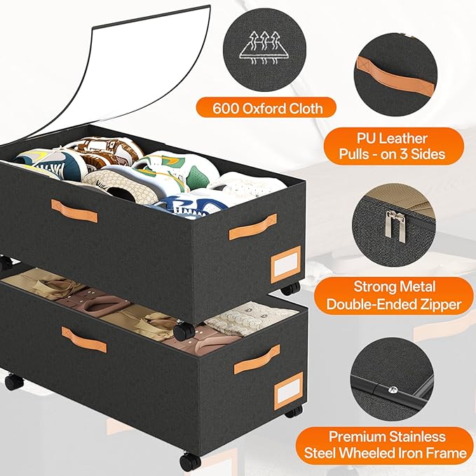 Under Bed Storage with Wheels, 12" Height Under Bed Storage Extra Deep Under Bed Storage Containers, Perfect for 14'' Bed Frame, No Assemble Metal Rolling Underbed Storage for Clothes Shoes Blankets