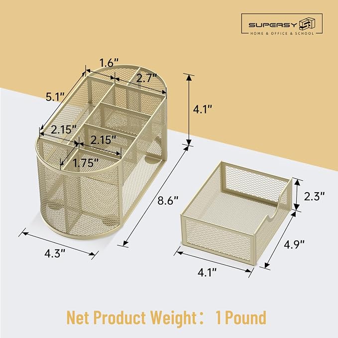 SUPEASY Mesh Desk Organizer, Desk Accessories & Workspace Organizers with Drawers, Pencil Holder for Desk with 9 Compartments for Office Suppliess, 8.6 x 4.3 x 4.1 Inch, Yellow | Pull-Out Drawer Stores Pens, Pencils, Clips, Notes, and Small Office or S...