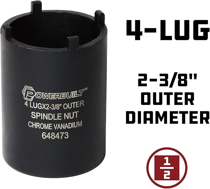 Powerbuilt Spindle Nut Socket, 4 Lug, 2-3/8 Inch Outer Diameter, Bronco Ranger Ford Chevy GMC Pickup Trucks and SUV - Black 648473