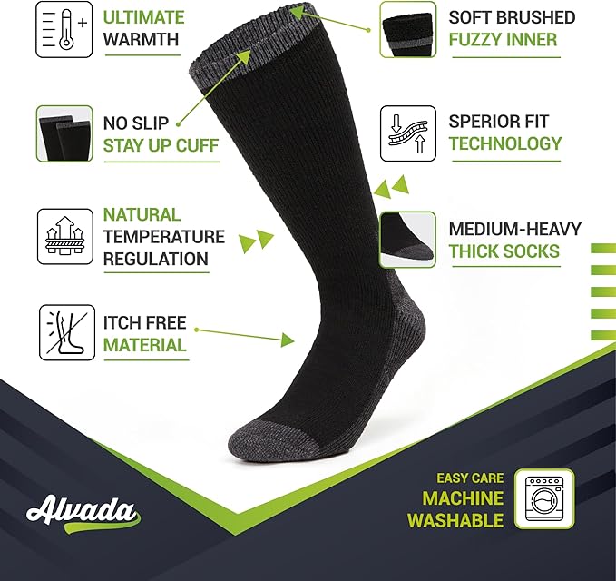 Alvada Warm Thermal Wool Socks for Winter Moisture Wicking and Breathable Cozy Boot Socks