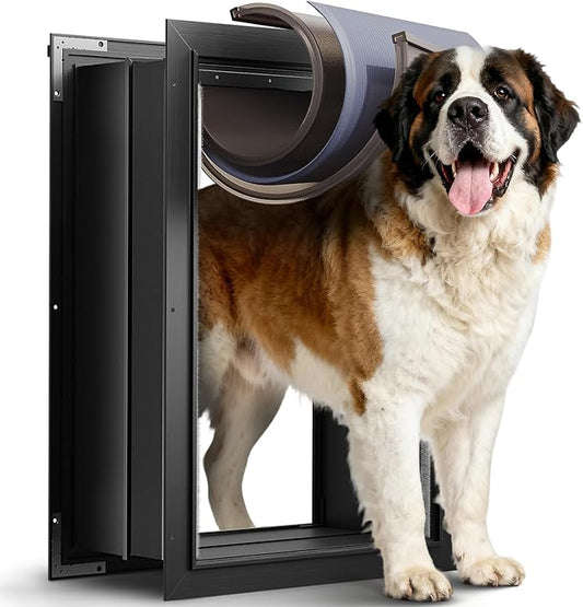 3-Flap XL Dog Door, All Aluminum Alloy Extra Large Dog Door door for Wall, Heavy Duty Pet Door Easy to Install, Energy Efficient, Telescoping Tunnel for Interior & Exterior Wall, Pet Up to 220Lb-Black