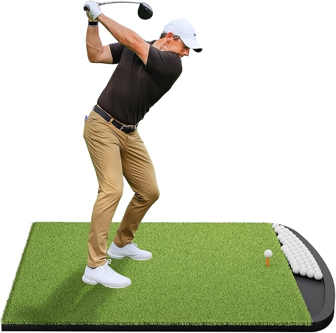 Integrated Golf Hitting Mat with Curved Ball Tray 5x4ft 6x4ft 26mm 31mm Thickening Golf Practice Mats Indoor & Outdoor, Durable Golf Turf Matt with 3 Tees for Hitting Chipping Striking, Swinging