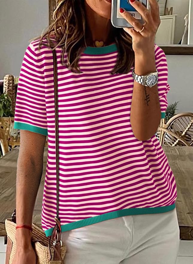 Dokotoo Womens Tops 2026 Casual Summer Crewneck Short Sleeve Striped Color Block Knit High Low Trendy Pullover Sweaters
