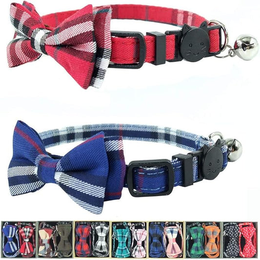 Cat Collar Breakaway with Bell and Bow Tie, Plaid Design Adjustable Safety Kitty Kitten Collars Set of 2 PCS(6.8-10.8in) (Red&Blue Plaid)