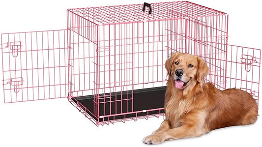 48 Inch Dog Crate Dog Kennels Folding Mental Wire Crates Dog Crates for Large Dogs Cage Outdoor Indoor Pet XL Dog Crate with Double-Door,Divider Panel, Removable Tray,Pink