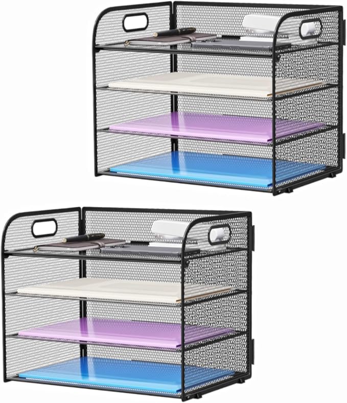 Marbrasse 2 Pack 4 Tier Paper Organizer Letter Tray - Mesh Desk File Organizer with Handle, Paper Sorter Organizer for Letter/A4 Office File Folder Holder (Black, 12.6" x 9.1" x 10.7")