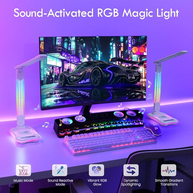 RGB Gaming Desk Lamp with Music Sync,Dimmable LED Lamp with Wireless Charging Station,USB Charging Port,Color Changing Touch Control Light for Gamer Room Decor,Reading,Office,Gift Ideas
