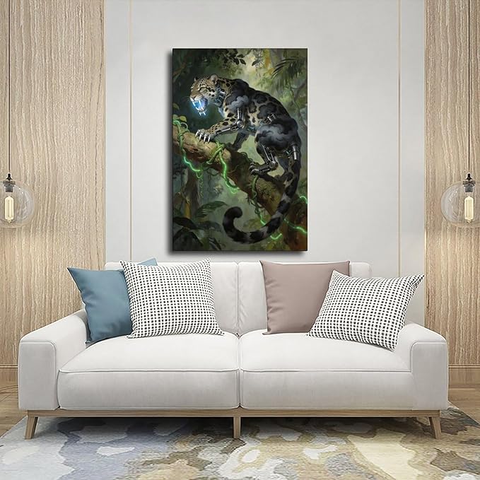 Framed Steampunk Mechanical Leopard Wall Art - Jungle Futuristic Beast Poster for Man Cave Living Room Decor 24x36inch(60x90cm)