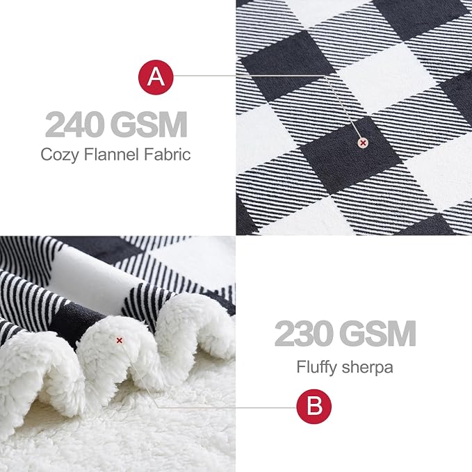 PU MEI Sherpa Fleece Throw Blanket 60" x 80" Reversible Plush Fluffy Large Big Blanket Lattice Flannel Blankets for All Season Use, Black and White