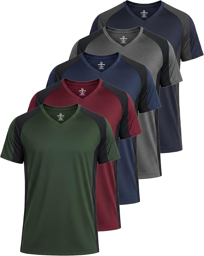 5 Pack Men's Dry Fit V Neck Gym Workout T Shirts Athletic Moisture Wicking | Cooling, Quick Dry, Breathable, Short Sleeve, Exercise, Cycling, Sports, Outdoor, Fitness, Golf, Crossfit, Hiking, Tennis
