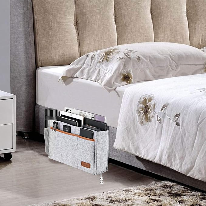 Bedside Caddy, Felt Bed Storage Organizer Hanging Bag Holder with 5 Pockets, Magazine Book Phone Tablet iPad Cables Remote and Water Bottle Holder for Home Dorm Bed Sofa, Light Gray