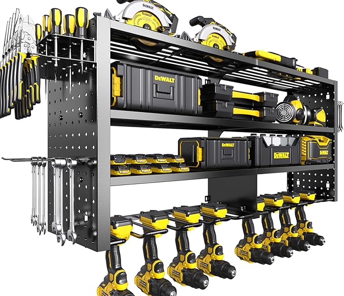 Large Power Tool Organizer Wall Mount, 4 Layer Garage Storage Cordless Tool Organizer with 8 Drills Holder, Heavy Duty Premium Metal Load 400 lbs, Ideal Garage Organization Gifts for Men