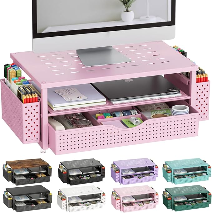 gianotter Desk Organizers and Accessories, Monitor Stand with Drawer and 2 Pen Holder, Desktop Organizer Suitable for Offices and Dormitories (Pink)